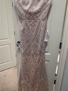 Dress the Population Strapless Beaded Evening Gown in Blush Champagne